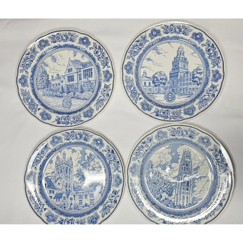 Vintage‎ Wedgwood Yale University Dinner Plates Set of 4 1949 Blue Transferware